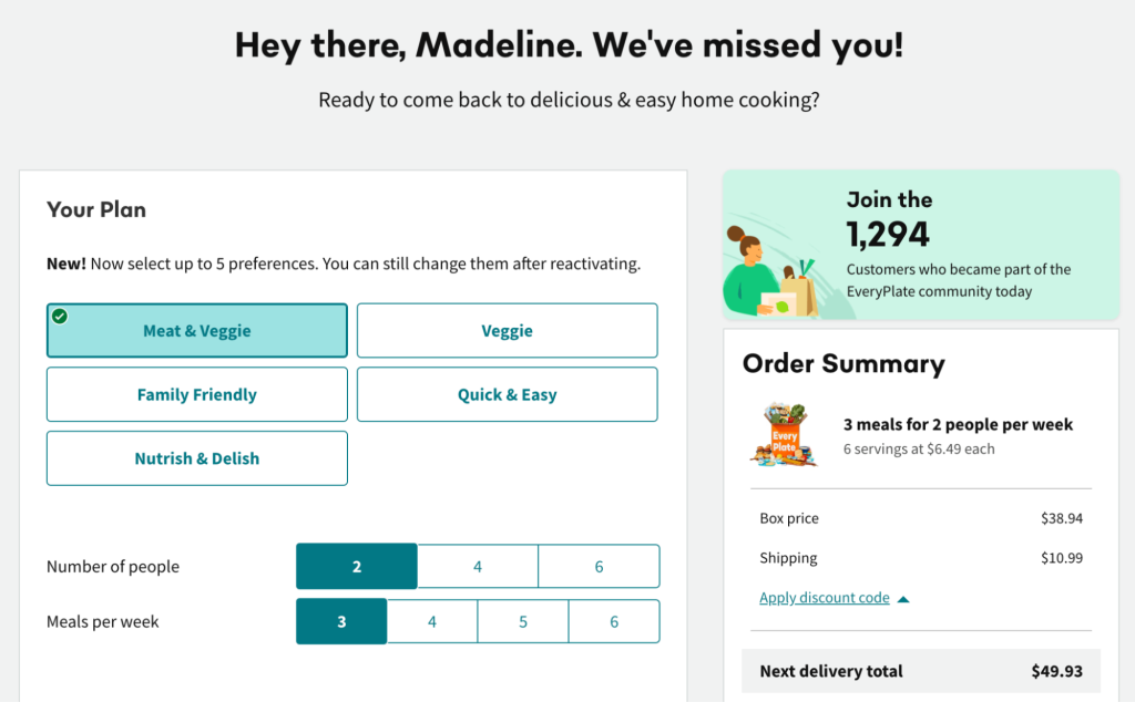 EveryPlate review — meal plan selection